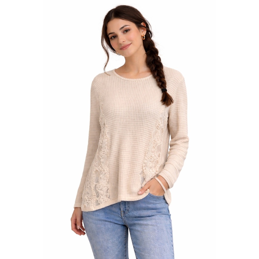 ANDTHEWHY Womens Cream Waffle Knit Lace Panel Long Sleeve Top Small‎